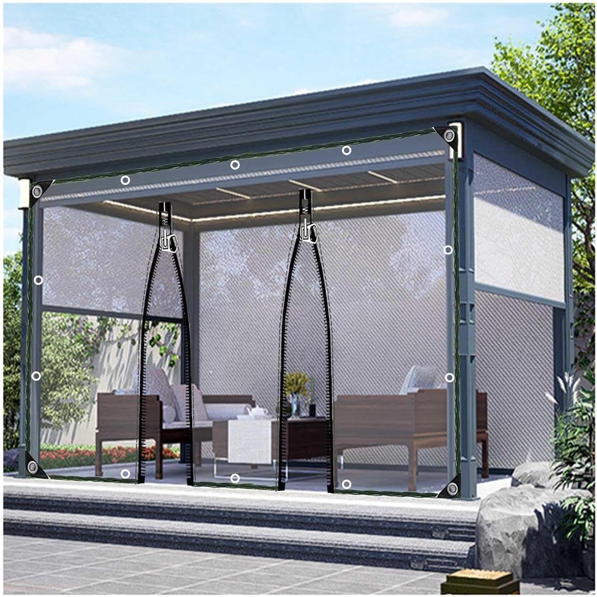 Buiten Zeildoek Gordijnen - Transparant PVC Zeildoek - Tuinruimte Beschermen - Dubbele Rits Deur - 2.8x2m - Transparant