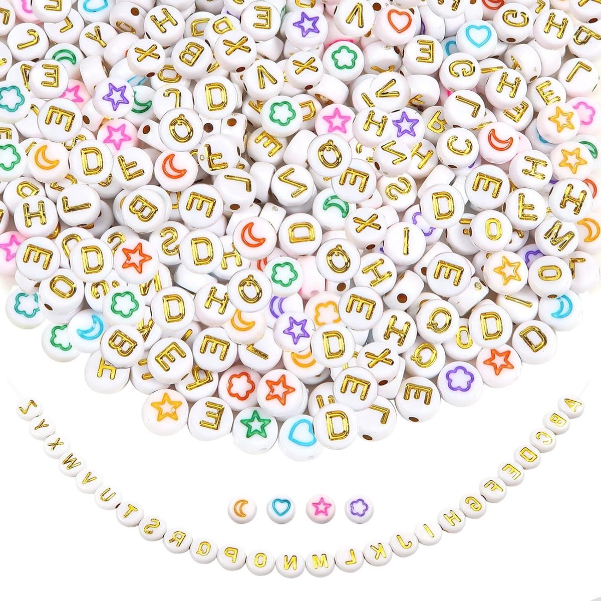 300 Stuks Acryl Alphabet Kralen 7mm Rond A tot Z Witte Kralen met Gouden Letters en Sterren voor DIY Armbanden, Kettingen en Sieraden maken