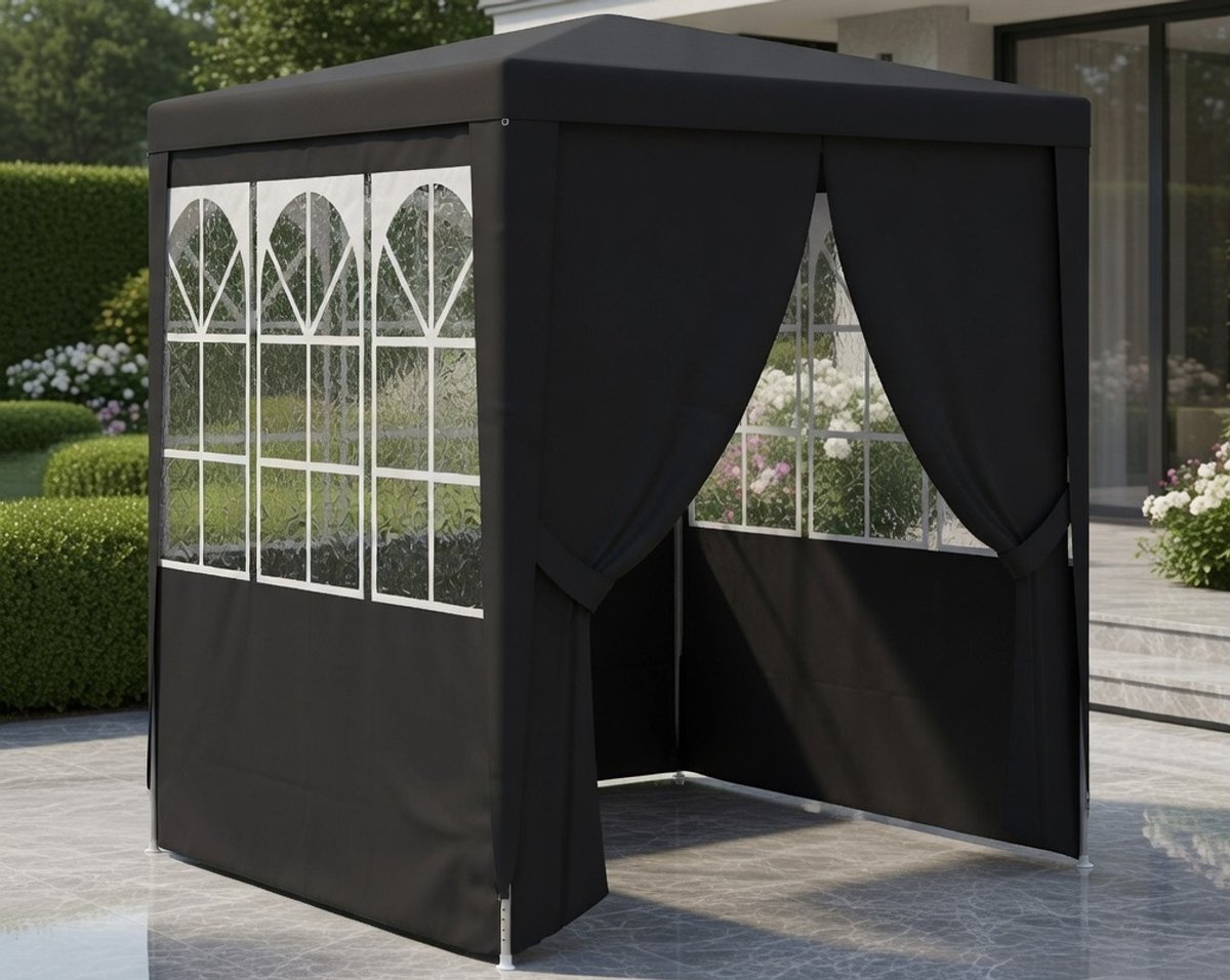Luxe Tuinpaviljoen 2.5x2.5m met Zijwanden, Ramen en Deur – Waterafstotende Partytent – Stevig RVS Frame – Antraciet Outdoor Gazebo voor Tuin, Terras & EvenementenMedaHomeStore