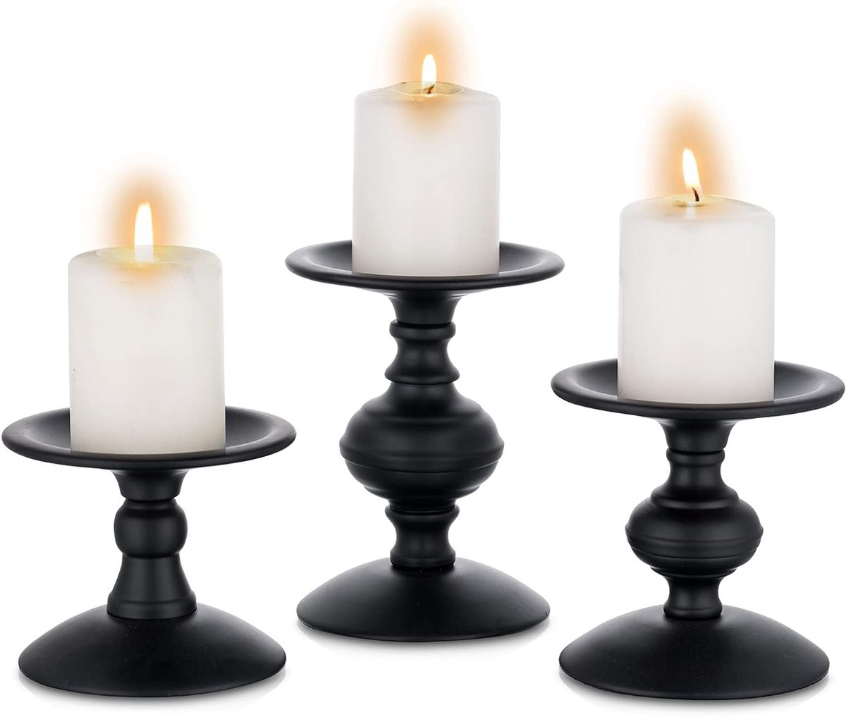 Set van 3 Vintage Kaarsenstandaards in Verweerd Metaal, Retro Zwart voor Tafel Decoratie en Haard Accessoires