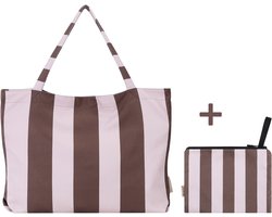 PIECE OF SUN® - Luxe Duurzame Strandtas + Beach Pocket – Bruin Beige – Grote Strandtas met Drukknoop – Microvezel 85% Gerecycled – Lichtgewicht & Sterk – Strand, Sauna & Vakantie – Moederdag Cadeau Vrouw