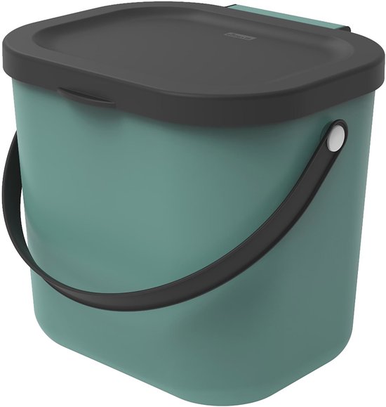 Groene GFT-bak met gesloten zwart deksel en handvat.