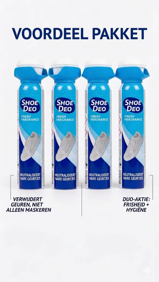 Shoe Deo Schoenendeodorant Voordeelpakket - 4 Stuks - Tegen Nare Geurtjes - Verfrist & Hygiënisch - Voor alle Schoenen & Sneakers - 4 x 150ml