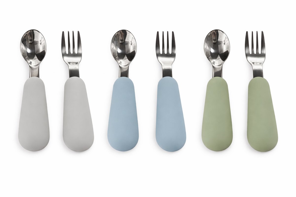 Baby Bestekset 6-delig – Kinderbestek voor Baby en Peuter – RVS Lepel & Vork met Siliconen Grip – Blauw, Groen en Grijs - BPA-vrij – Ideaal voor Zelfstandig Eten