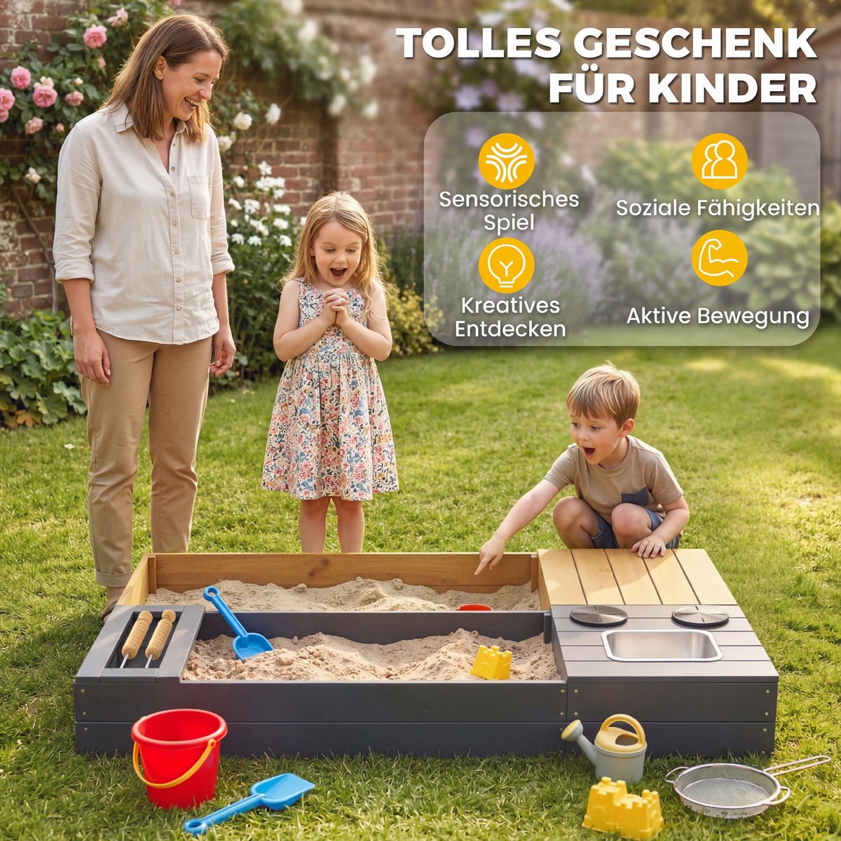 AIYAPLAY Kinderspeelstation-Grenenhout, kunststof-150L x 90B x 19,5H cm-Geel — afbeelding 3