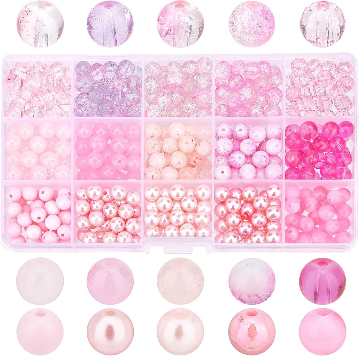 15 Stijlen Roze Glazen Kralen, 450 Stuks 8mm Geverfde Parels en Crackle Glazen Ronde Kralen voor Valentijnsdag Armbanden, Kettingen en Boho Creaties