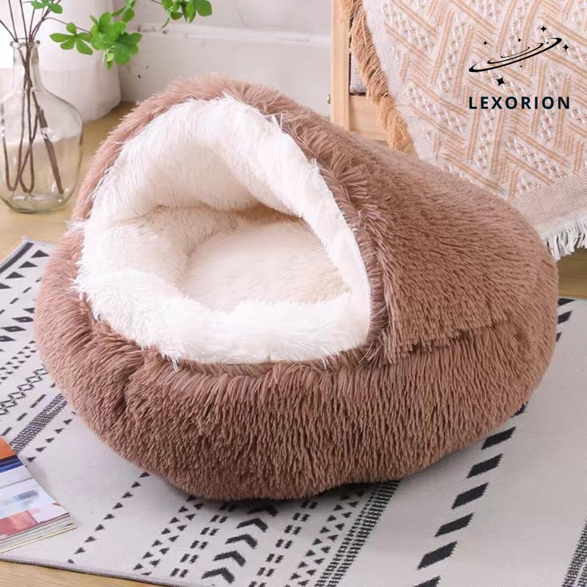 Kattenmand “Shell” Ø 40 cm – Luxe Pluche & Extra Gevuld – Comfortabel Halfgesloten Design – Antislip Bodem – Gradiënt Bruin