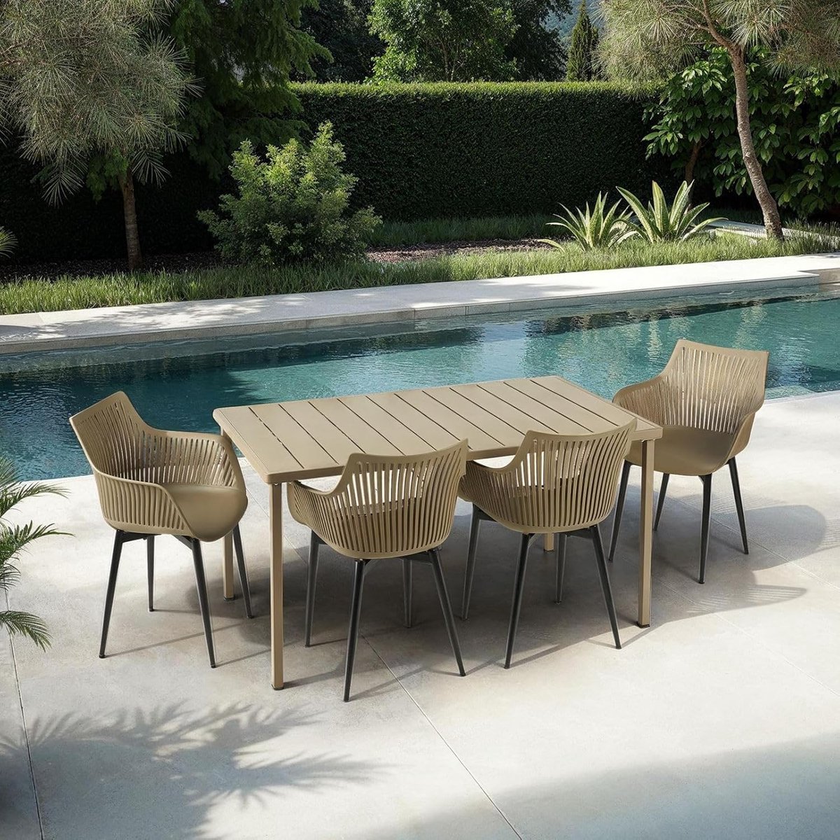 Tuinmeubelset 4 Personen 140x75x80 cm Aluminium & Kunststof – Weerbestendige Balkon en Terras Dining Set met Armleuningen Champagne/Zwart Modern Design – Nicolehome