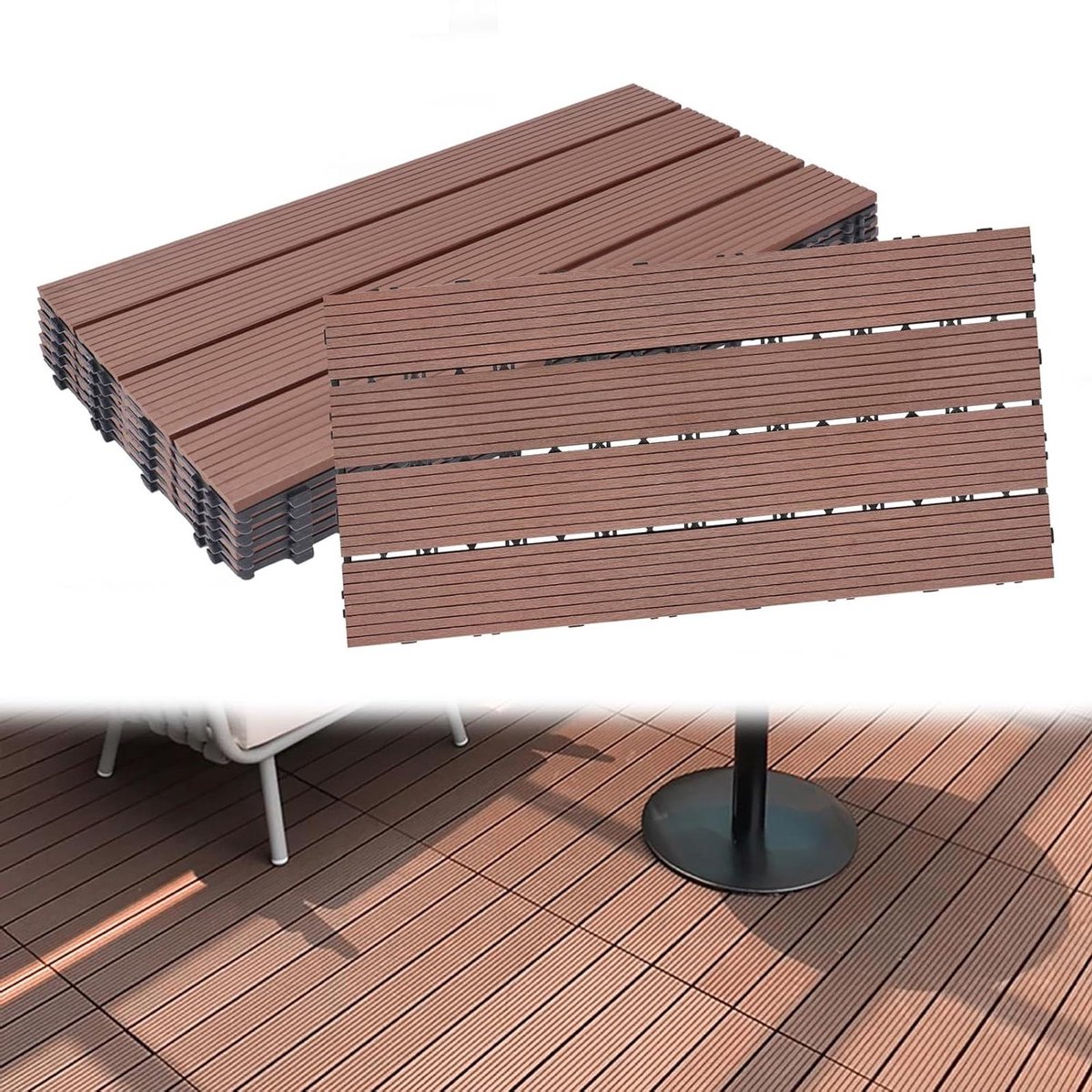 WPC Terrastegels - Houtlook Tegels Balkon - Buitenruimte Verfraaien - Eenvoudig Kliksysteem - 30x30 cm - Antraciet Bruin