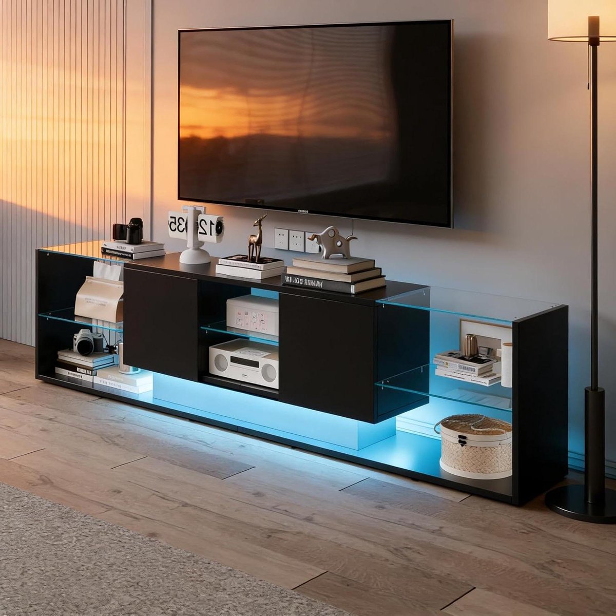 Tv-meubel met LED - Televisietafel Lowboard - Opbergen Elektronica - Hoogglans Afwerking - 200x34x45 cm - Zwart