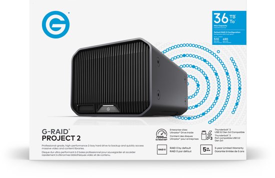 G-RAID® PROJECT 2 36TB, High-Capacity 2-Bay hardware RAID, Thunderbolt™ 3, USB-C, 7200RPM Ultrastar® Harde Schijf (HDD), tot 510MB/s schrijven. JBOD - Desktop RAID van Merkloos — afbeelding 5