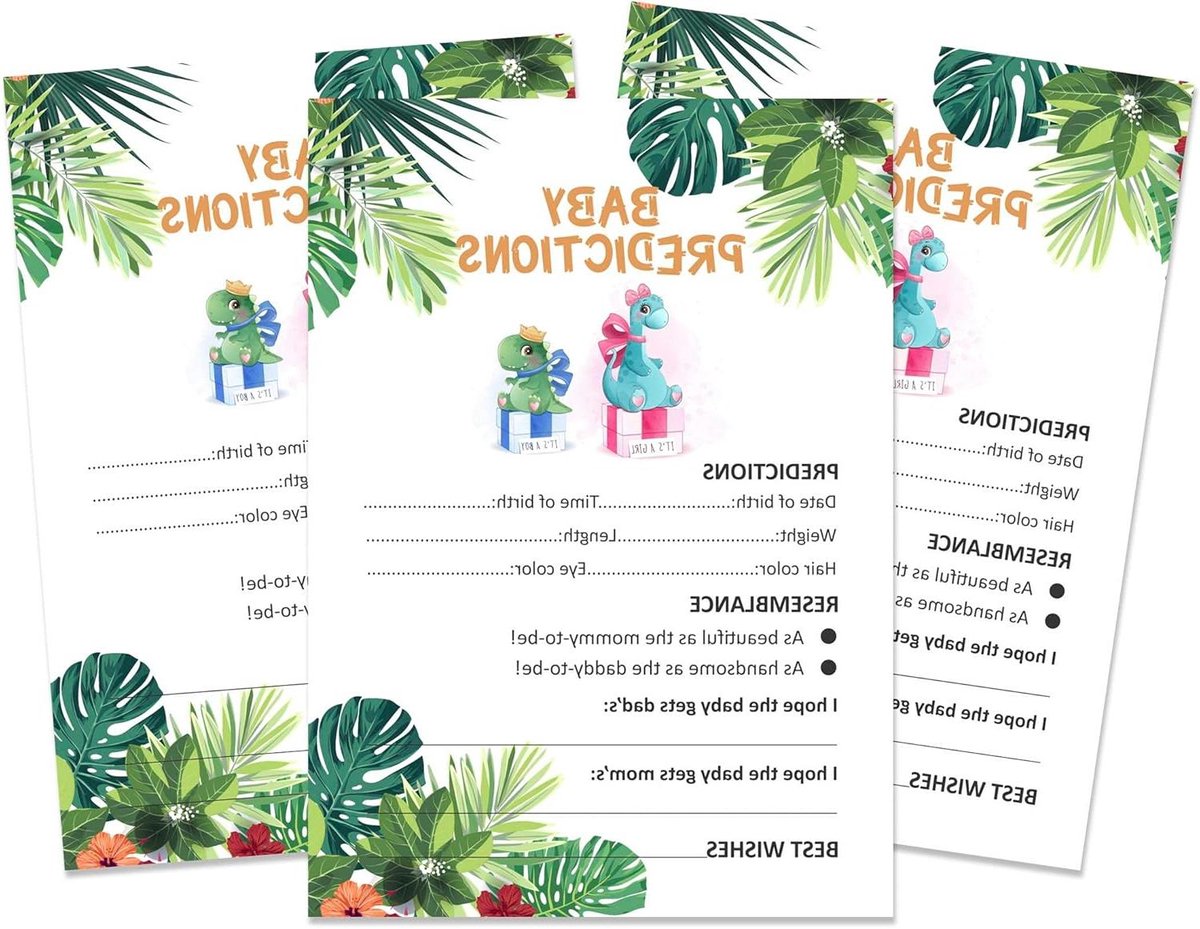 Babyshower Spelkaarten - Voorspellingskaarten Feest - Babyshower Activiteit - 50 Bedrukte Kaarten - 5x7 Inch - Dinosaurus Thema