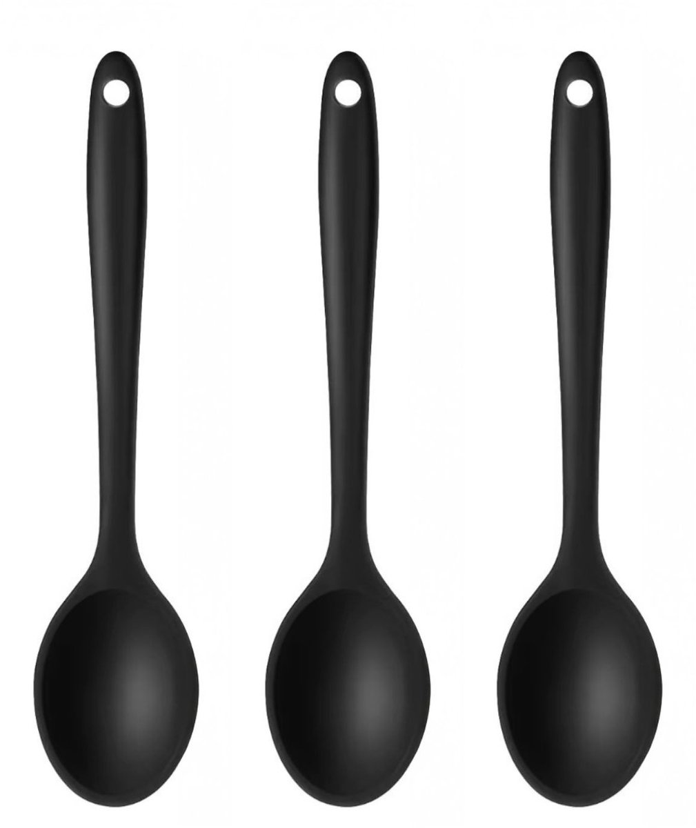 Siliconen Eetlepelset 3 ST. Zwart | Hittebestendig & Vaatwasserbestendig | Anti-aanbaklaag & 100% BPA-vrij | Eetlepel, Lepel, Roerlepel, Kooklepel | Lepel met haakje | Keukengerei, Kookgerei Zwart