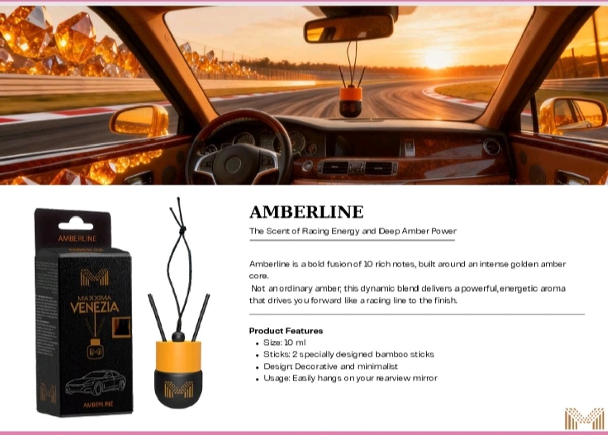Maxxima Venezia Amberline Luxe Autoparfum – Hangende Geurverspreider – Golden Amber – Incl. 2 Bamboestokjes – 10 ml