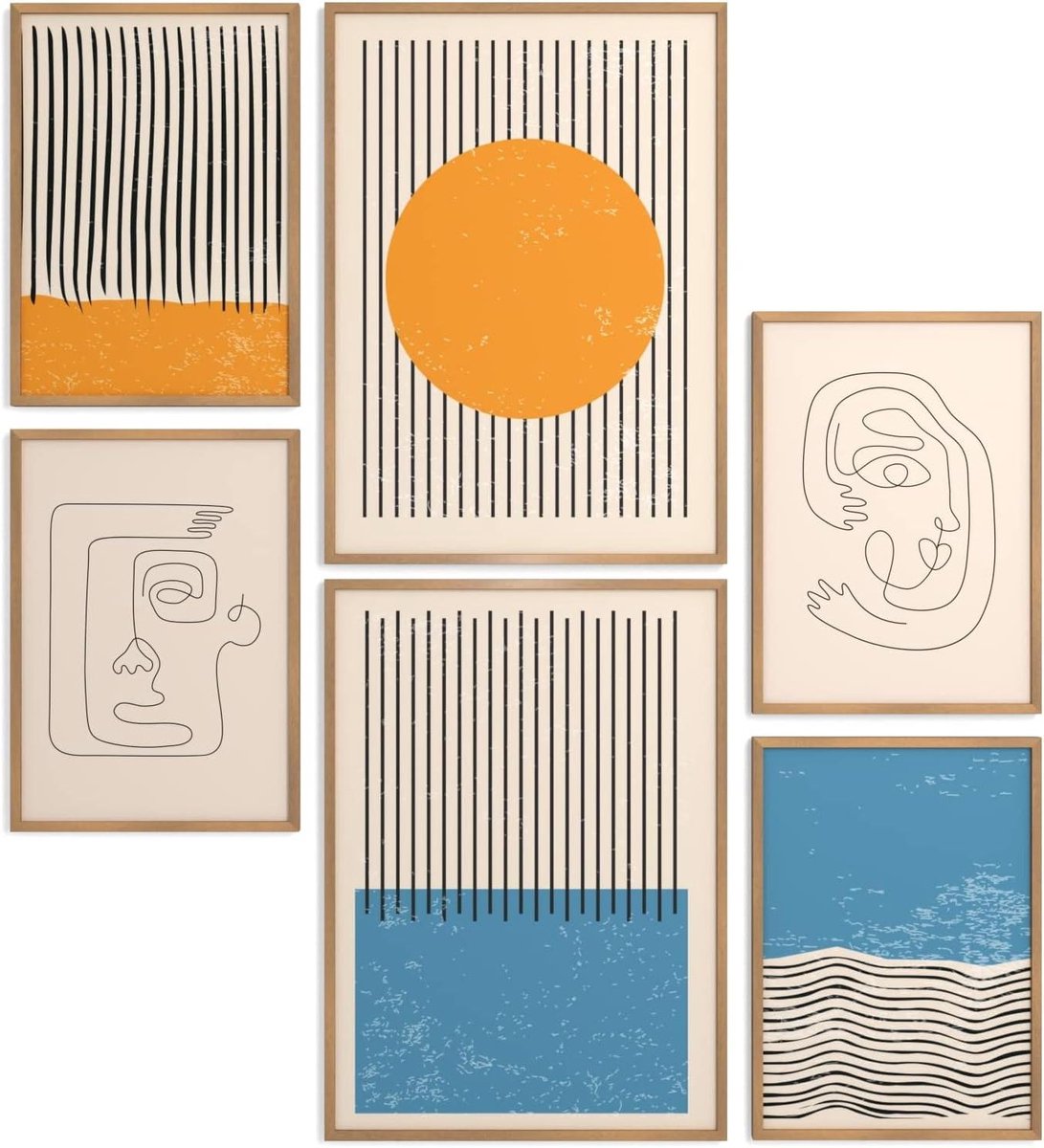 Poster Set Abstract - Wanddecoratie Set - Woonkamer Decoratie - Inclusief Houten Lijsten - 2x A3 4x A4 - Blauw Oranje