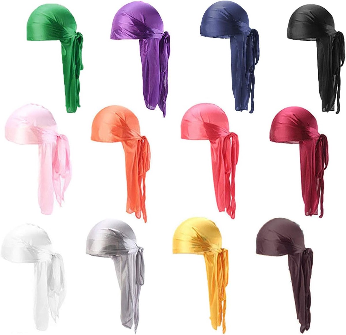 Unisex Long Tail Durag Headwraps - 12-pack voor Haarverlies, Hip Hop en Dagelijks Gebruik, Verkrijgbaar in Diverse Kleuren