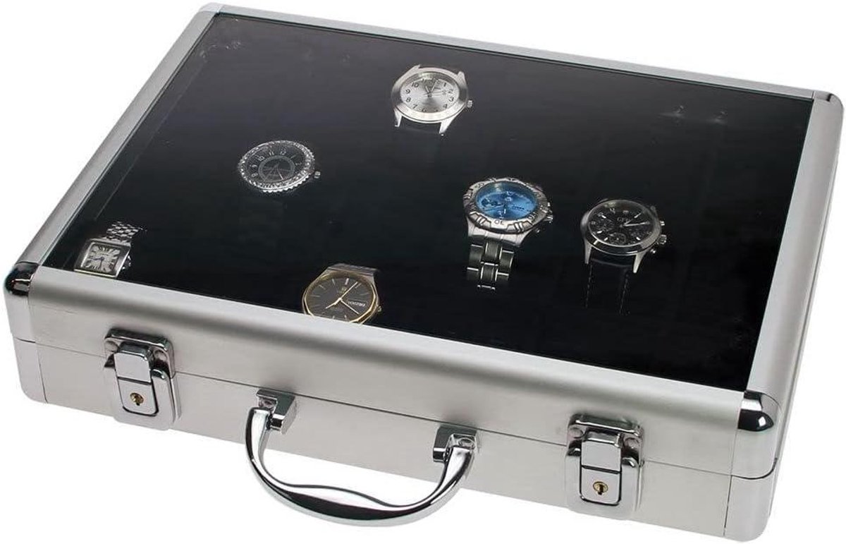 Horloge Koffer - Watch Box - Horloges Opbergen - Aluminium Frame - 345 x 255 x 75 mm - Zwart