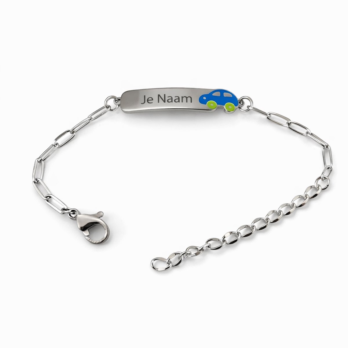 Armband met graveer, Armband met naam, Gepersonaliseerde kinderarmband met naamgravure en auto detail - zilverkleurig, Armband met naamplaatje ,graveerarmband