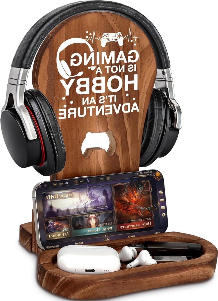 Houten Hoofdtelefoonstandaard - Headsethouder Bureau - Gaming Setup Organiseren - Afneembaar 2-delig ontwerp - Universeel compatibel - Donkerbruin