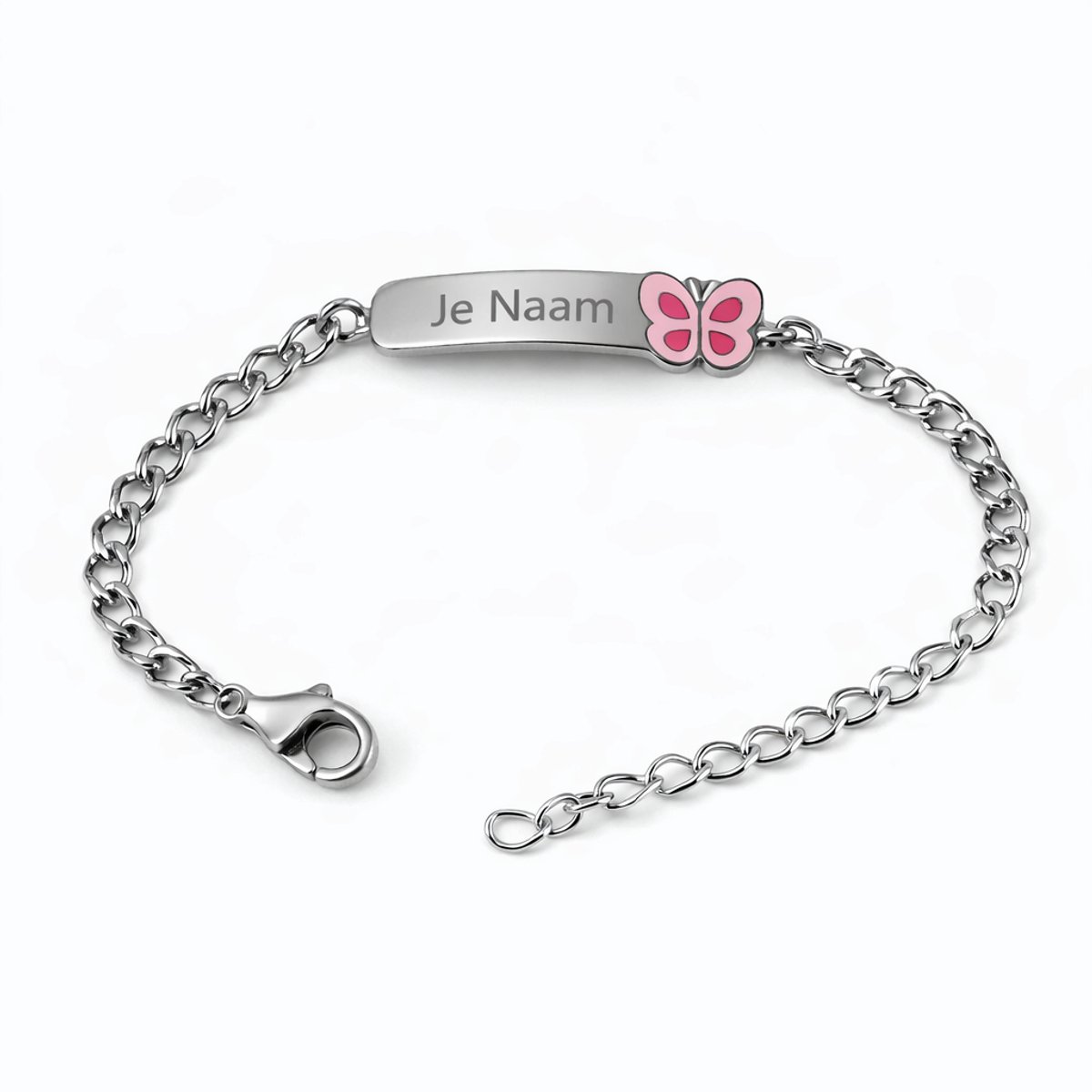 Armband met graveer, Armband met naam, Gepersonaliseerde kinderarmband met naamgravure en vlinder detail - zilverkleurig, Armband met naamplaatje ,graveerarmband