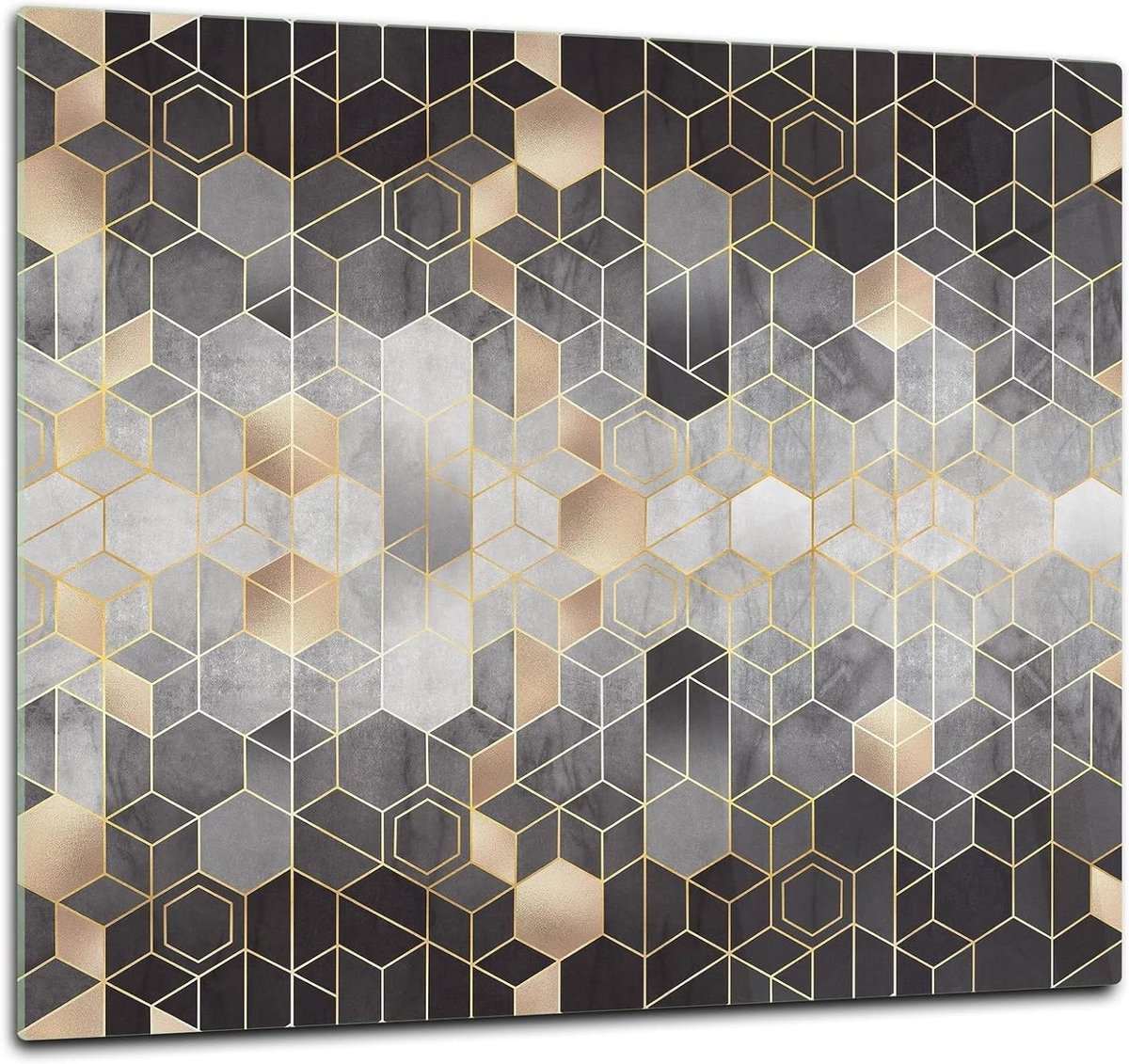 Glazen Snijplank - Kookplaatafdekking Keukenbord - Keukenwerkblad Beschermen - Gehard Glas - 60 x 52 cm - Goud-zwart geometrisch