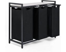 REN® Wasmand 3 Vakken - Wasmand - Wassorteerder - Wasmand Met Deksel - Zwart - 36cm x 84cm x 73cm