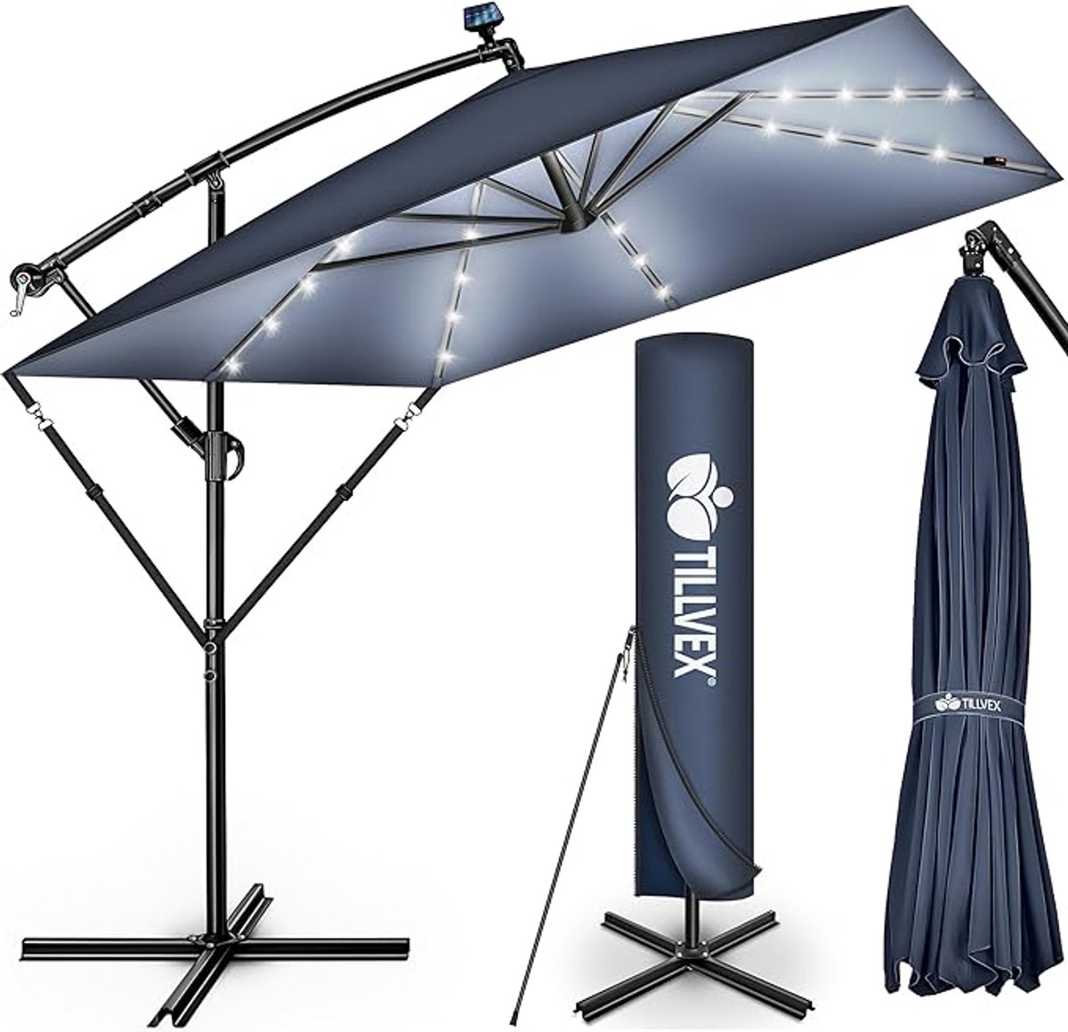 Luxe 360° Draaibare LED Zweefparasol 330 cm (235 x 235 cm) met Aluminium Frame, Kantelbaar 90–135°, Inclusief Parasolvoet & Waterdichte Hoes, UV50+ Zonbescherming