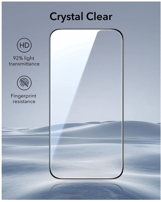 Crystal Clear screenprotector met 92% lichttransmissie en vingerafdrukbestendigheid.