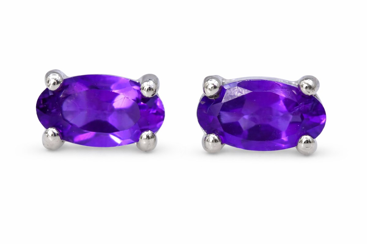 925 Zilveren Oorknopjes met Natuurlijke Amethist - Paarse Oorbellen Dames - Ovaal - Rhodium Plated