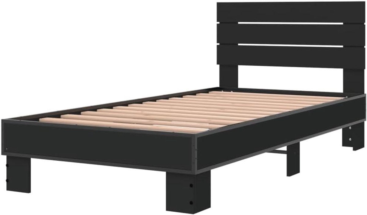 Bedframe Metaal - Houten Lattenbodem - Goede Nachtrust - Stevig Hoofdbord - 75x190 cm - Zwart