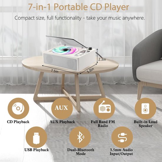 Draagbare cd-speler met afstandsbediening, oplaadbare batterij, USB/SD-ondersteuning, lcd-scherm, kleine compacte retro cd-speler, dubbel stereogeluid voor thuis en bu Buiten, wit — afbeelding 3