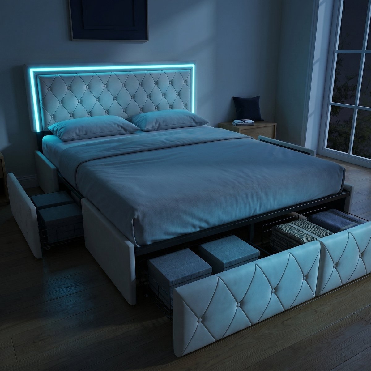 Opbergbed 140x200 cm met 4 lades - Tweepersoonsbed met opbergruimte en RGB LED - Lattenbodem - Kunstleer gestoffeerd bed - Beige
