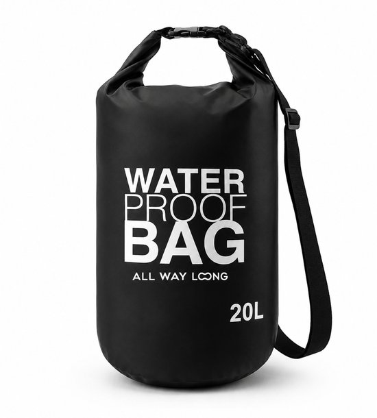 Zwarte, waterdichte tas van 20L met schouderband. Opdruk "WATER PROOF BAG ALL WAY LONG 20L".