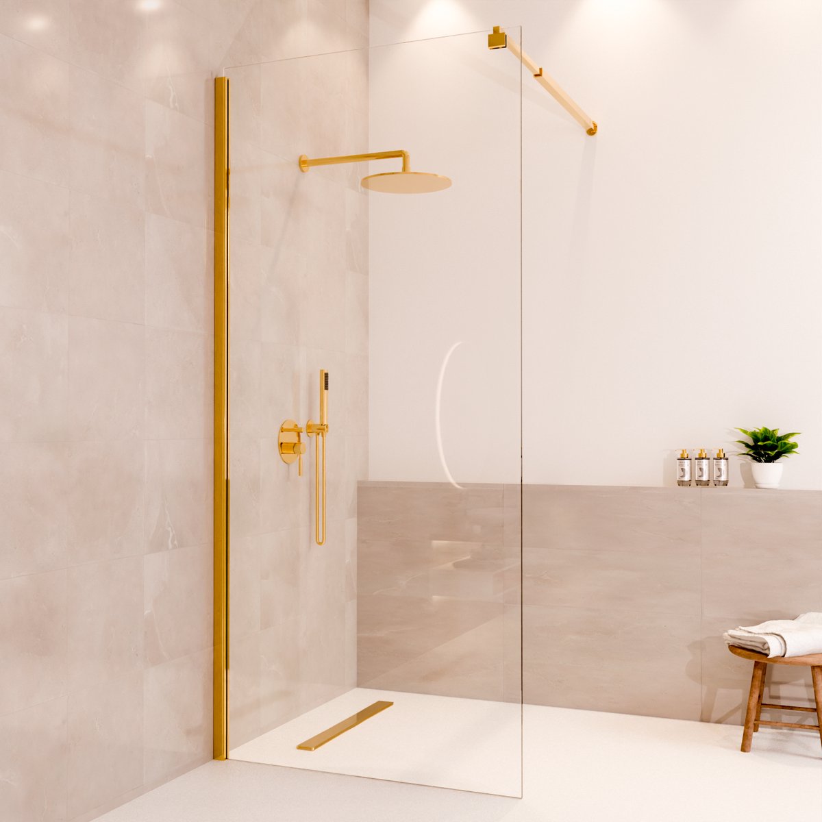 Lomazoo Douchewand Lima - 90x200 Cm - Inloopdouche Goud - 8 Mm Helder Glas - Nano Coating Anti Kalk