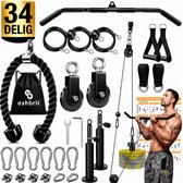 Ashbrit® Fitness kabel systeem XXL PRO - Long bar - Krachtstation - Dubbel Katrolsysteem (Dual Pulley) - Dubbele Laadpinnen (Dual Loadpins) – Lat Pulley – 34-delige Set