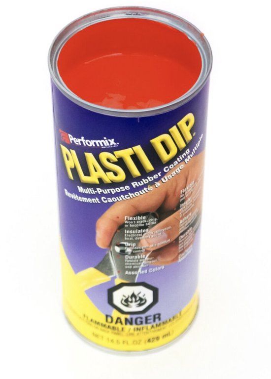 Blik met Performix Plasti Dip multi-purpose rubber coating in rood. Binnenkant van het blik met rode coating.