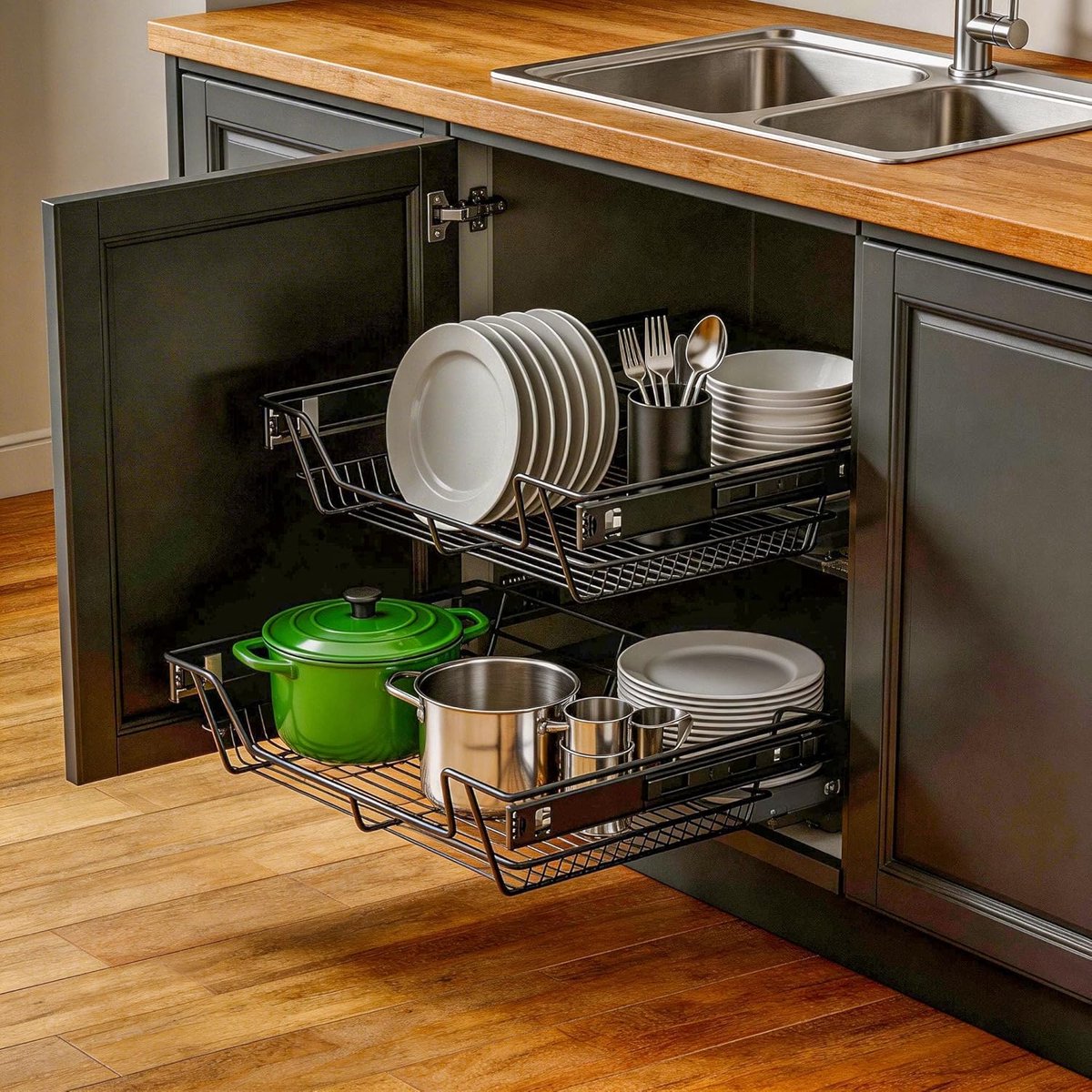 Uitschuifbare Keukenlade - 2 Stuks 50cm - Metalen Telescooplade met Geleiders - Geluidloze Opbergmand - Organizer voor Keuken, Badkamer & Bergruimte - Zwart - NAIZY