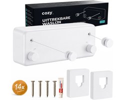 cozy.® Waslijn Uittrekbaar - Waslijndraad met stalen kern - Ook zonder boren - Wasdraad - Roldrooglijn - Drooglijn - Ruimtebesparend - 8.4 m (2x 4.2m) Drooglengte - Binnen en Buiten - Wit