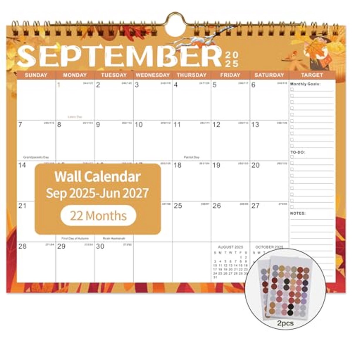 Wandkalender 2025-2027 - Maandplanner - Efficiënt plannen - 22 maanden overzicht - 29 x 37 cm - Feestelijk
