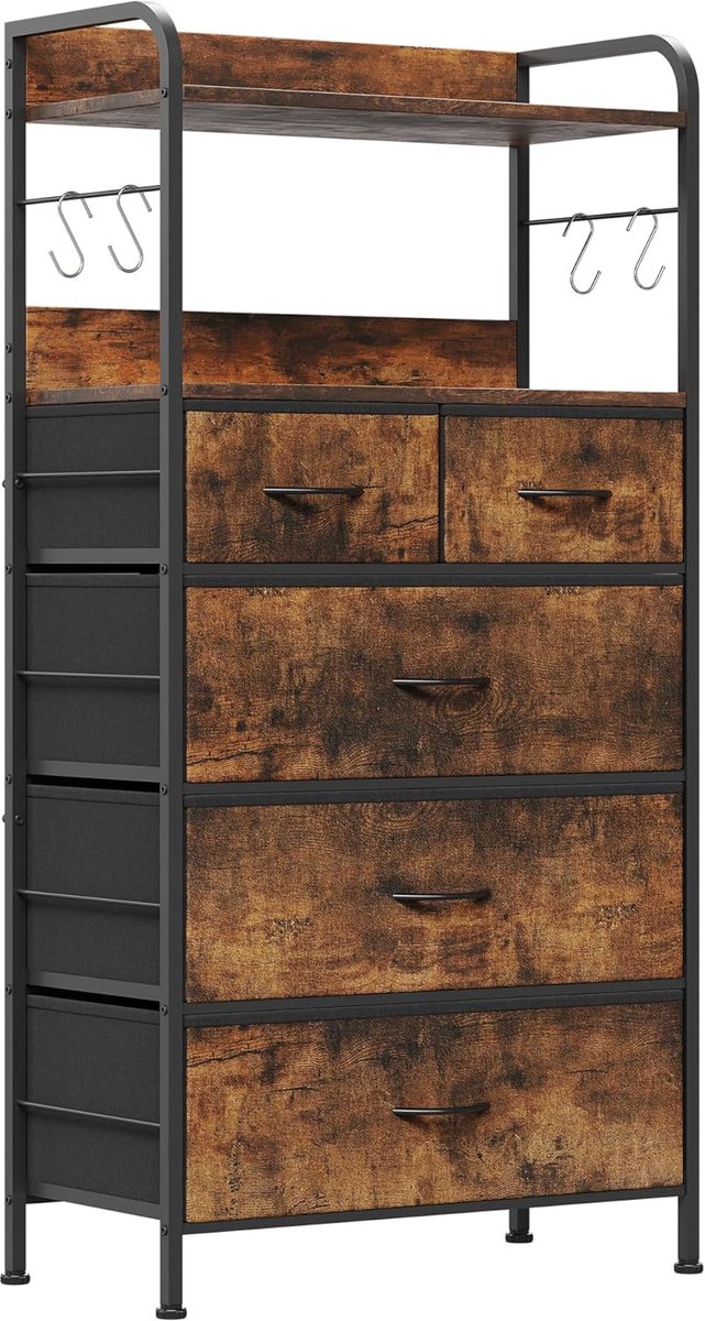 Hoge Ladekast met 5 Stoffen Laden en Open Planken - Commode met 4 Haken - Opbergkast voor Slaapkamer en Woonkamer - 60 x 30 x 120 cm