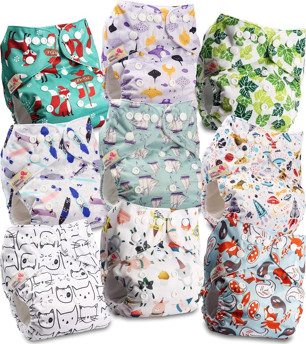 Herbruikbare baby luiers - Stoffen pocketluiers - Duurzaam verschonen - Verstelbaar met drukknopen - 9 stuks - Meerdere prints