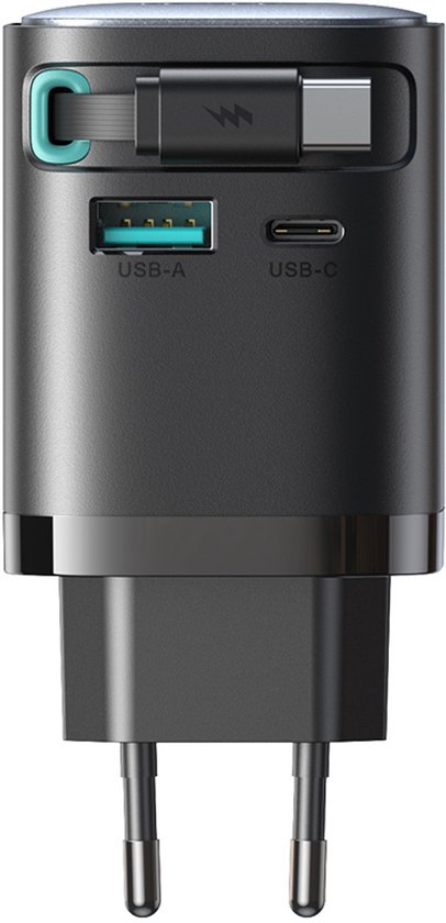 Zwarte Joyroom GaN-oplader met Europese stekker, USB-A en USB-C poorten, en platte kabel.