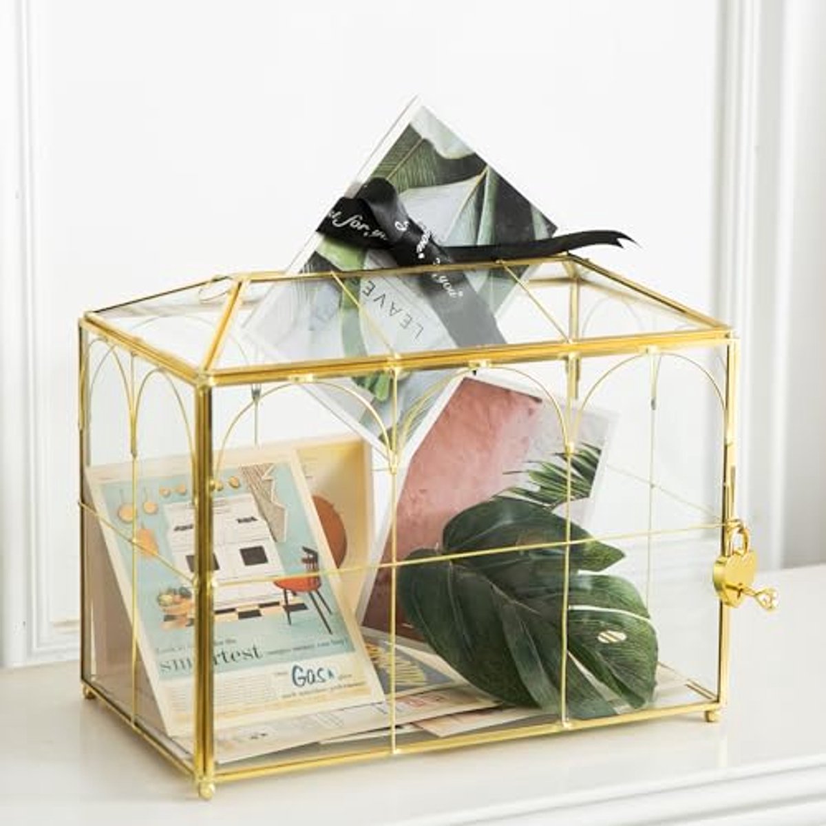 Glazen Kaartdoos - Gouden Decoratiebox - Feestelijke Ontvangst - Veilig Hartslot - 26 cm - Goud