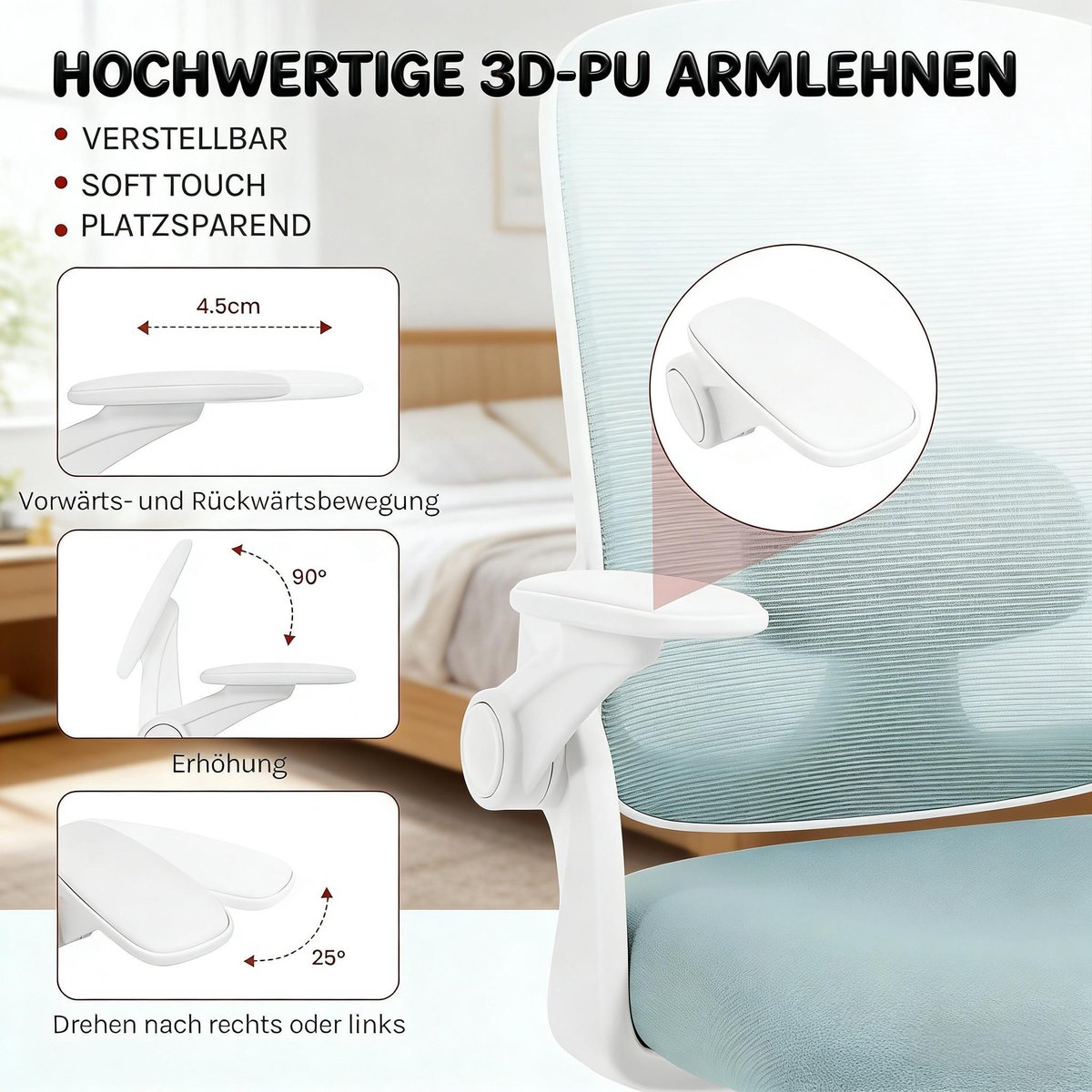 MODENUIT Bureaustoel Met Hoge Rugleuning - Ergonomisch Met Verstelbare Hoofdsteun En 3D-Armleuningen - Voor Kantoor En Vergaderruimte - Metaal En Netstof - Blauw
