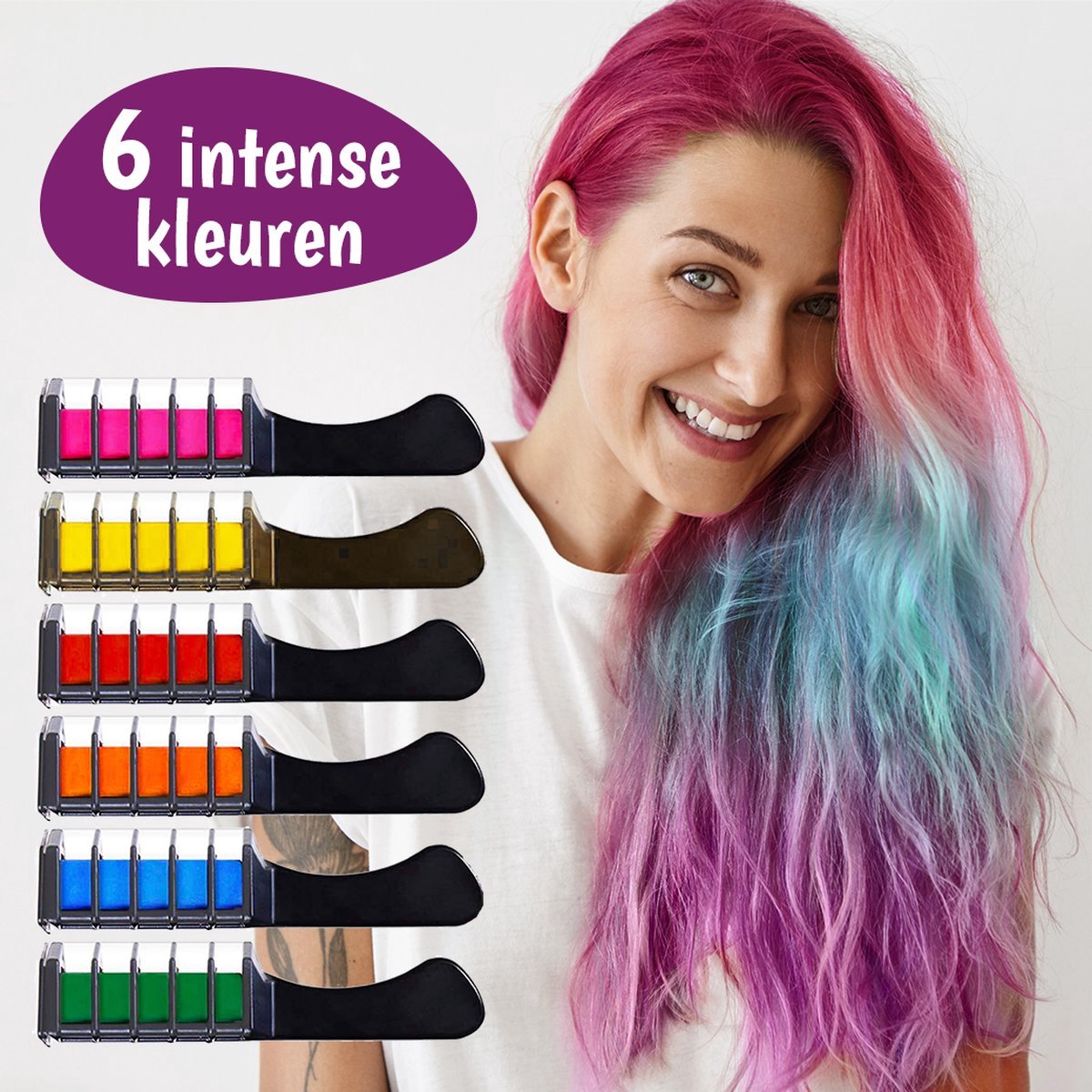 Haarkrijt Kam 6 Kleuren - Regenboog Hair Chalk - Tijdelijke Haarkleuring - Carnaval Festival Kinderfeestje