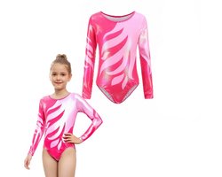 Turnpakje - Turnen - Gymnastiekpakje Zomer met Mouw - Turnpakje mouw - Maat 140 - Hard Roze met Glitters en Strass Steentjes Ballet pakje - LOUZIR