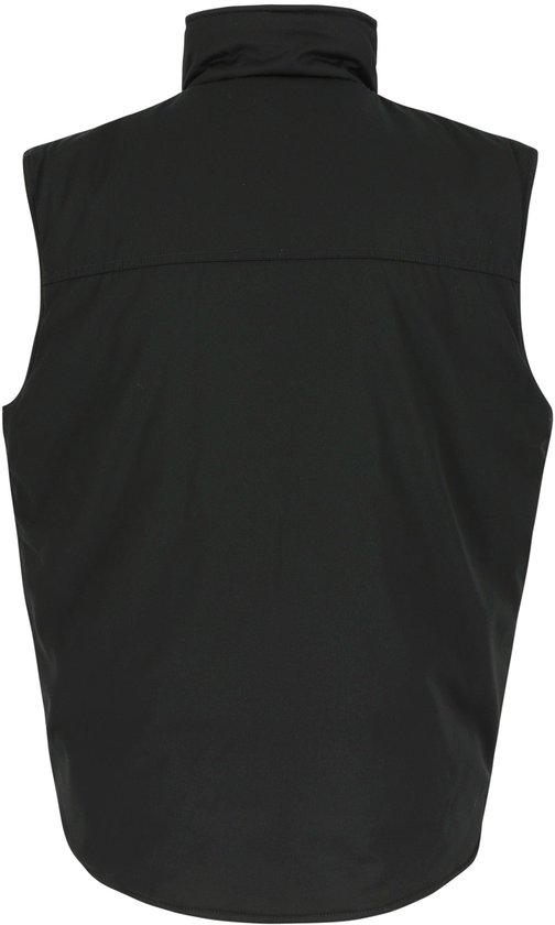 Achterkant van een zwarte bodywarmer met hoge kraag.
