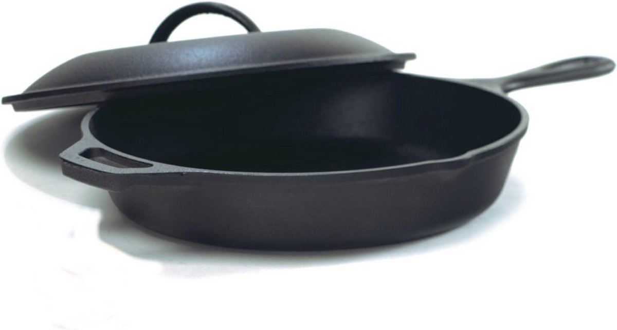 Gietijzeren Pan - Koekenpan met Deksel - Koken en Bakken - Ovenbestendig - 30 cm - Zwart