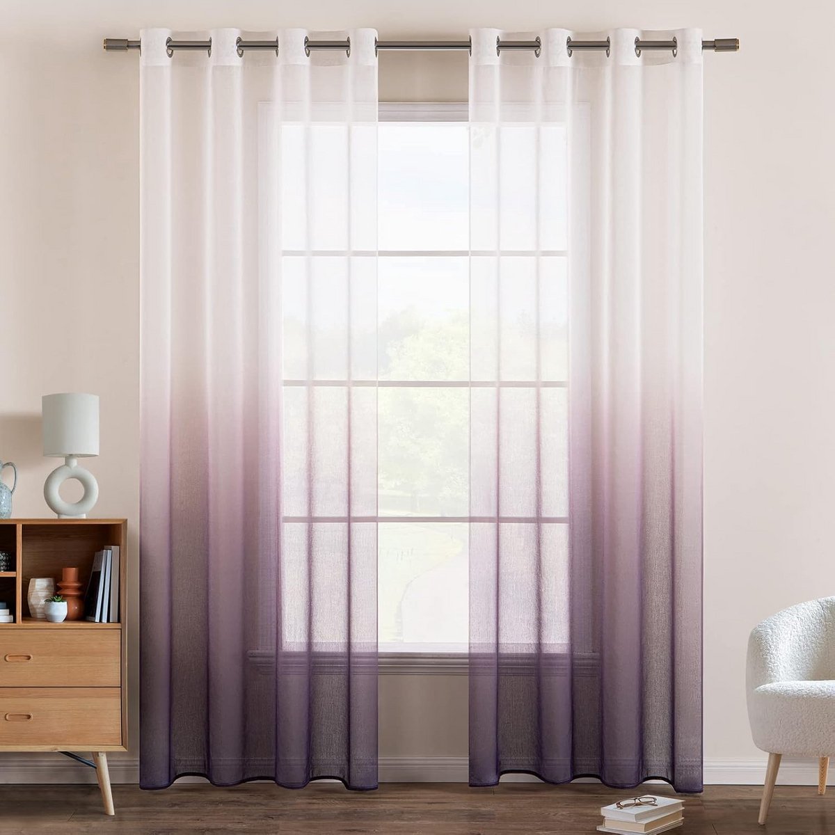 Transparante gordijnen - Vitrage voile - Raamdecoratie - Kleurverloop design - 2 stuks 145x140cm - Wit lila