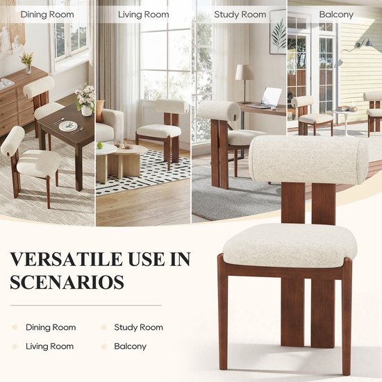 Collage die veelzijdige gebruiksscenario's toont voor beige gestoffeerde stoelen in eetkamer, woonkamer, studeerkamer en balkon.